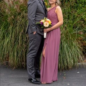 One Shoulder Long Lace Mesh Bridesmaid Dress from David’s Bridal in size 4